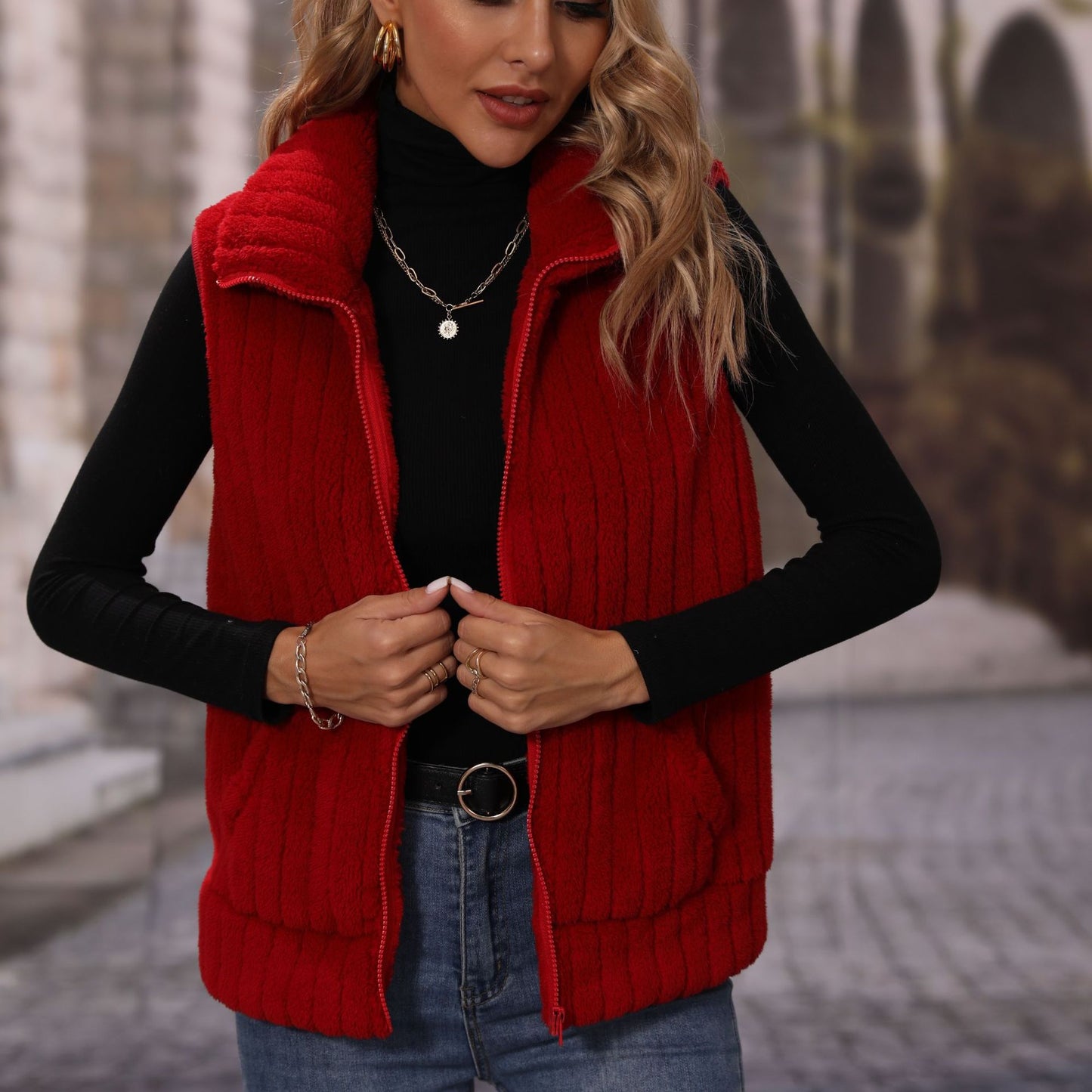 Women's autumn clothing lapel sleeveless loose striped zipper plush casual vest coat