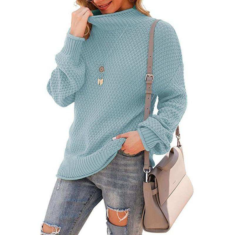 Women's sweater half turtleneck large size sweater bat long sleeve pullover loose solid color sweater