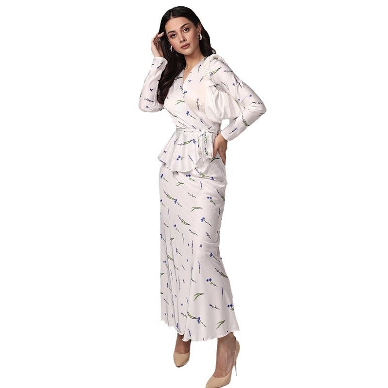 Spring new V-neck small fresh printing high waist long dress hip-wrapped dress