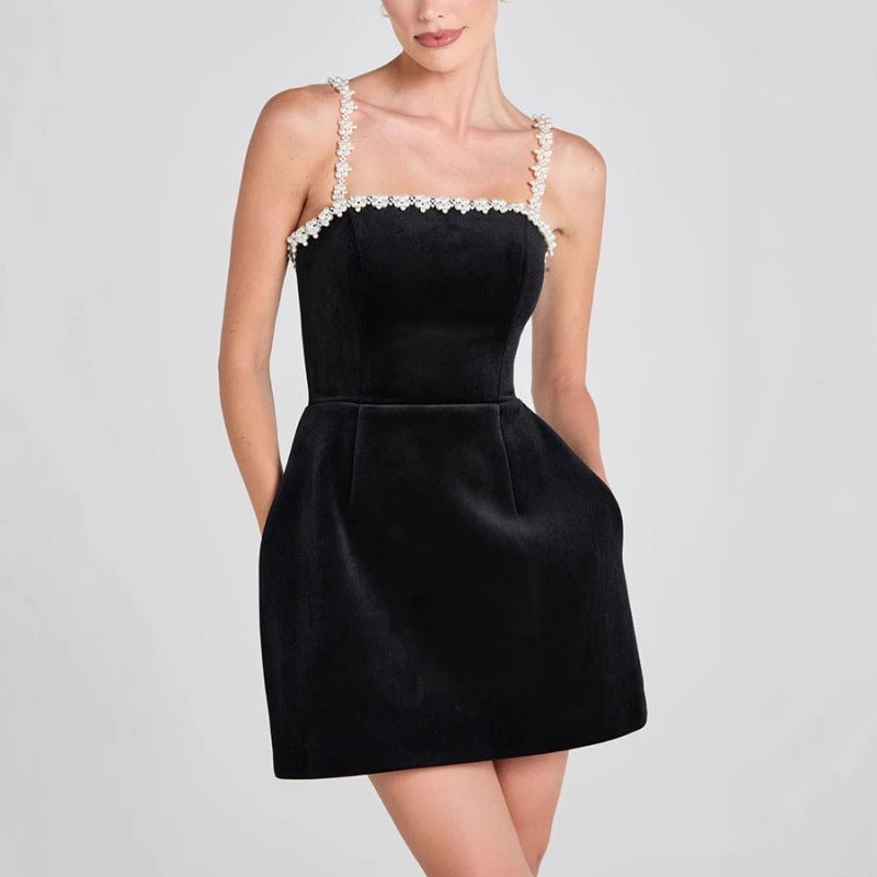 New Sexy Pearl Suspender Tight Waist Spice Girl Velvet A-Dress Dress