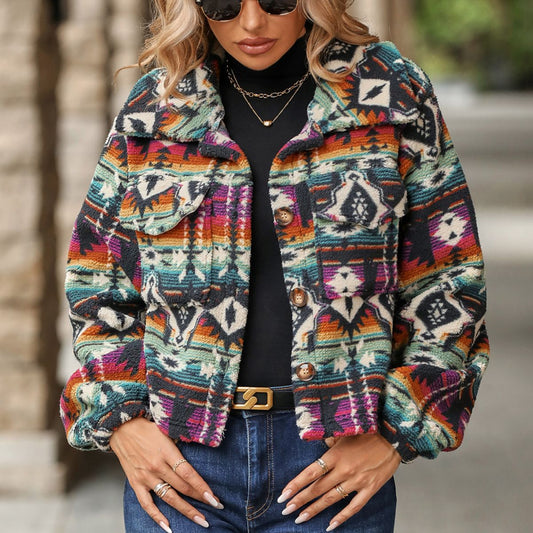 Autumn and Winter new women's clothing boho ethnic print loose long sleeve short coat women