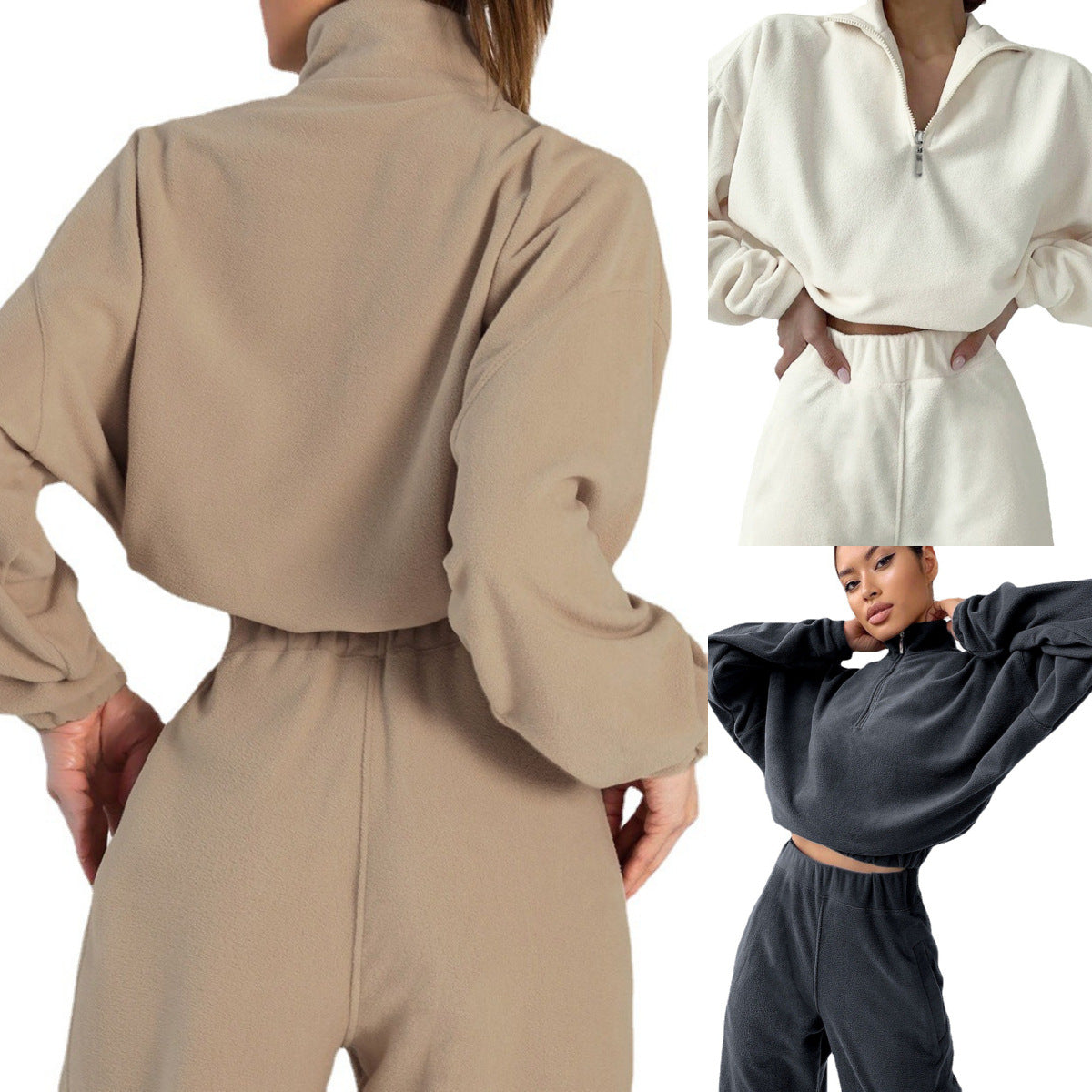 Women's new half-zipper lapel casual sweater solid color sports suit