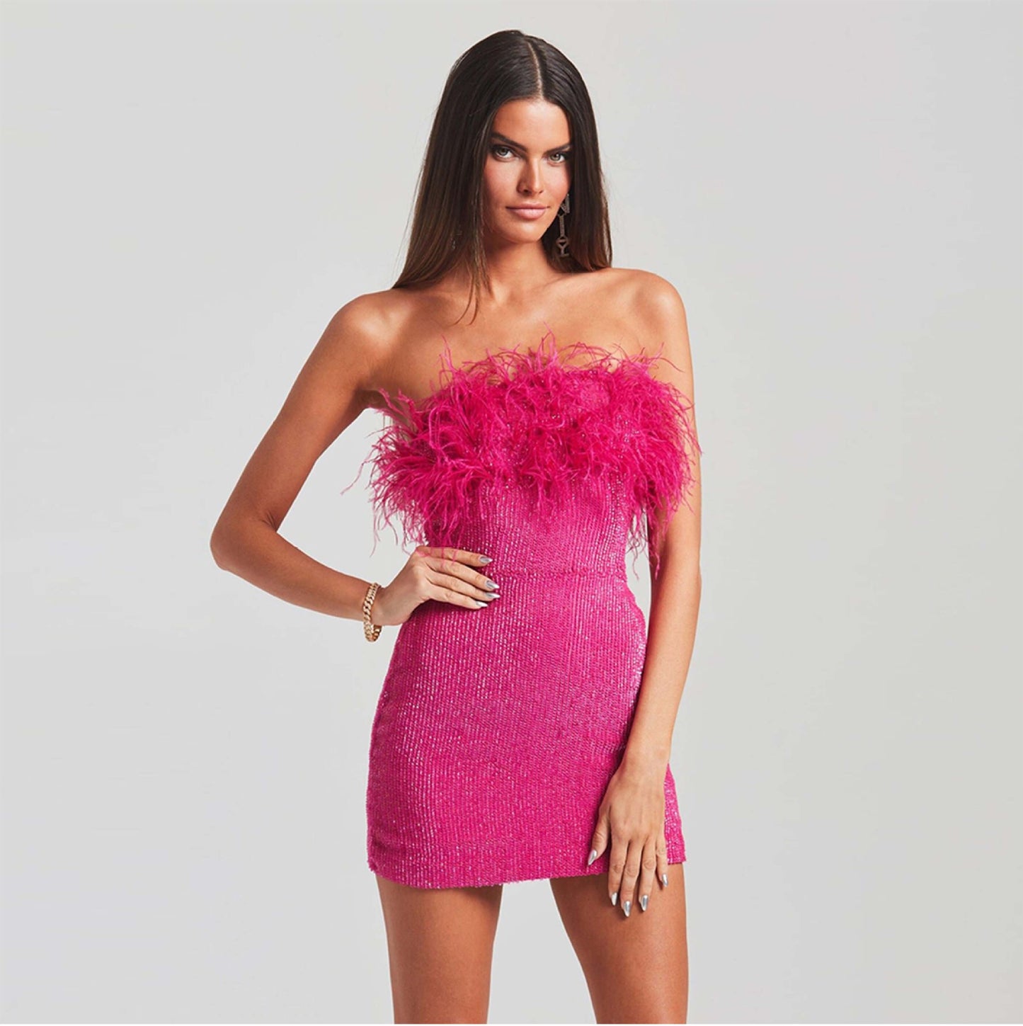 Women Sequin Strapless Dress Ostrich Feather Formal Dresses