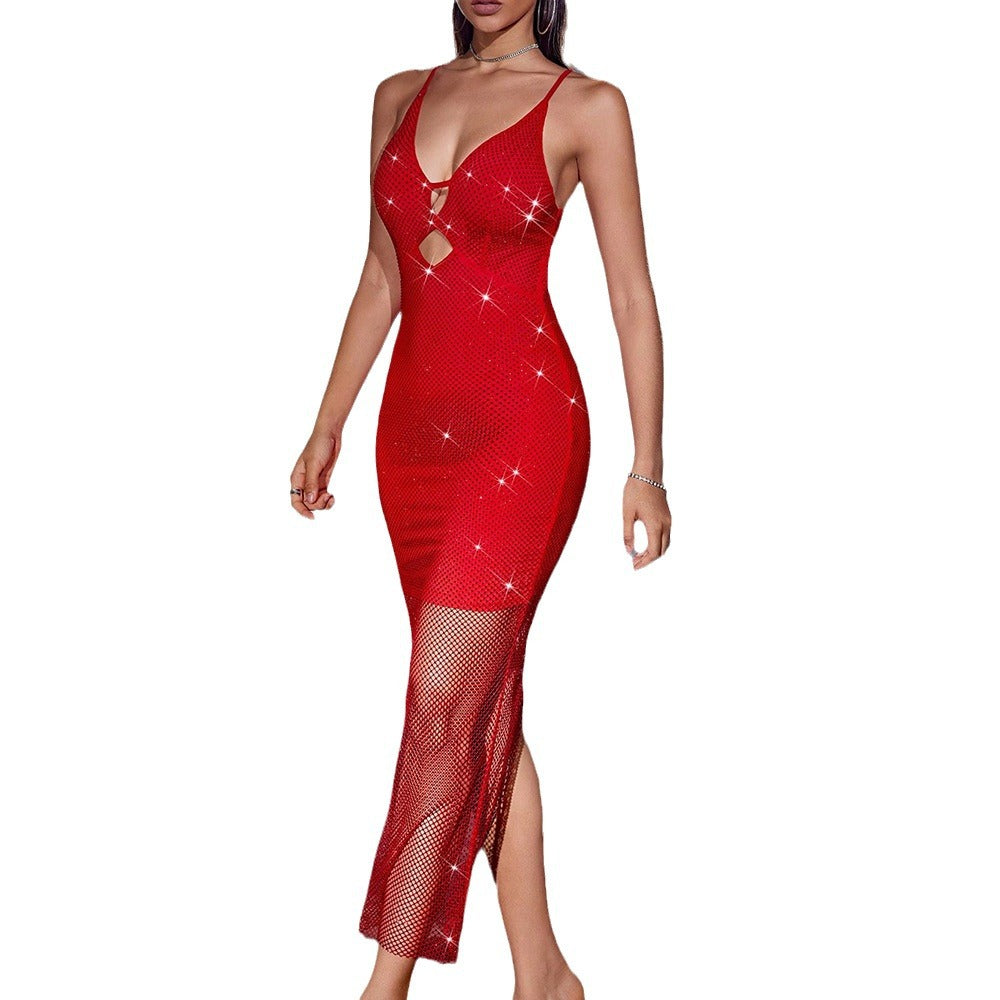 Sexy fashion dress sequin gauze semi-permeable sleeveless banquet camisole gown