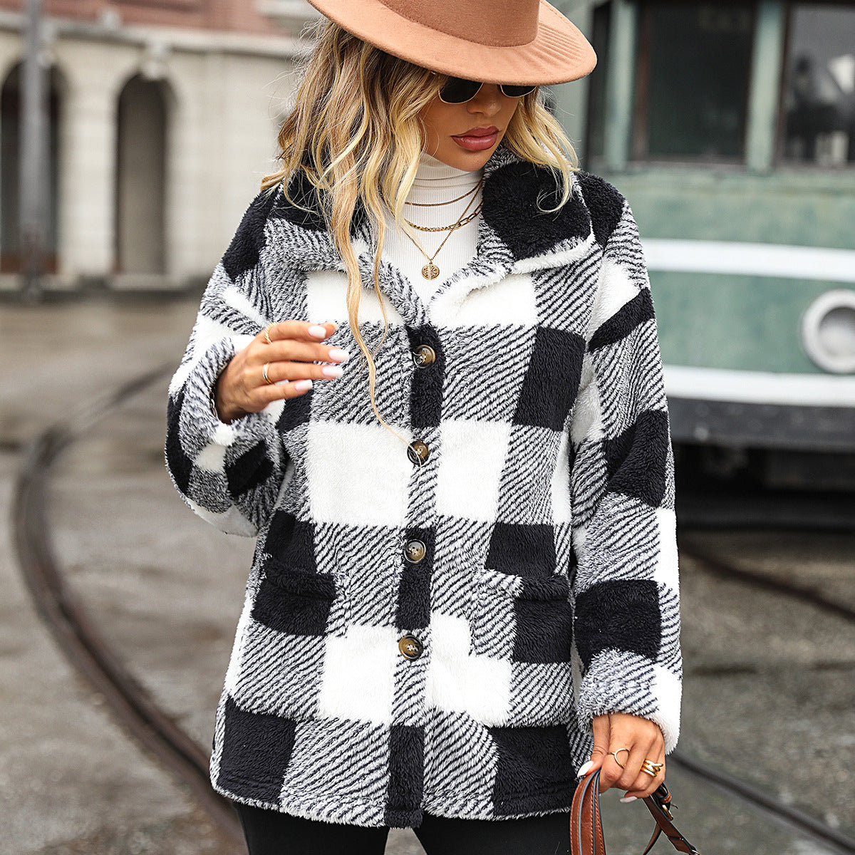 Autumn and winter women's lapel long sleeve mid-length Plaid single-breasted double-sided velvet casual jacket