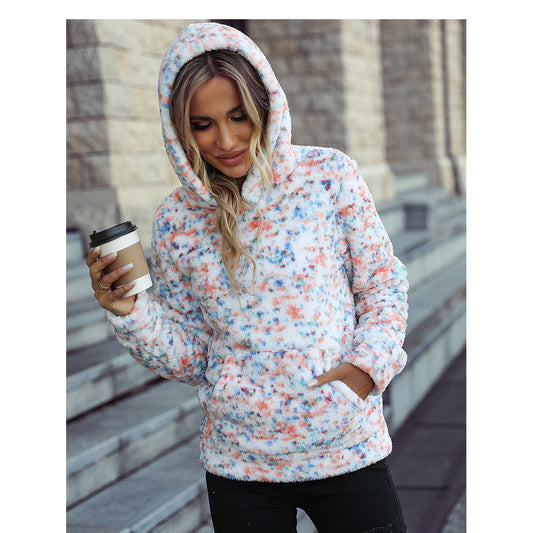 Autumn winter women's wear hooded long sleeve loose pullover snowflake polka dot casual plush sweater