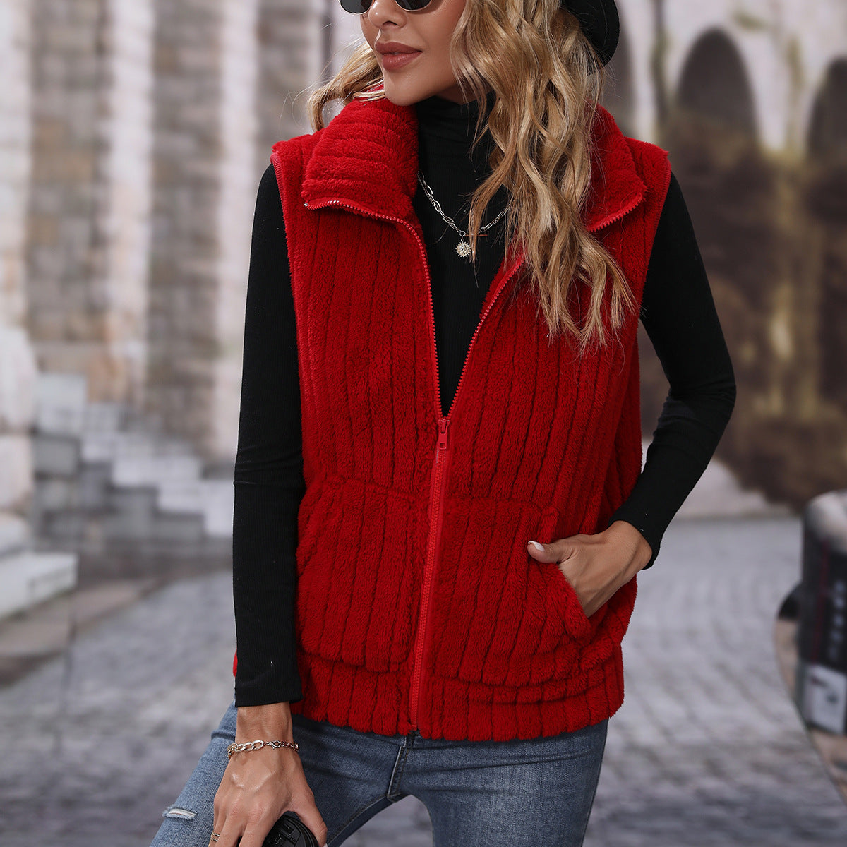 Women's autumn clothing lapel sleeveless loose striped zipper plush casual vest coat