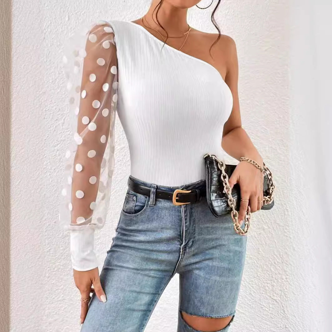 2024 oblique shoulder single sleeve polka dot mesh stitching long sleeves waist slimming women's top