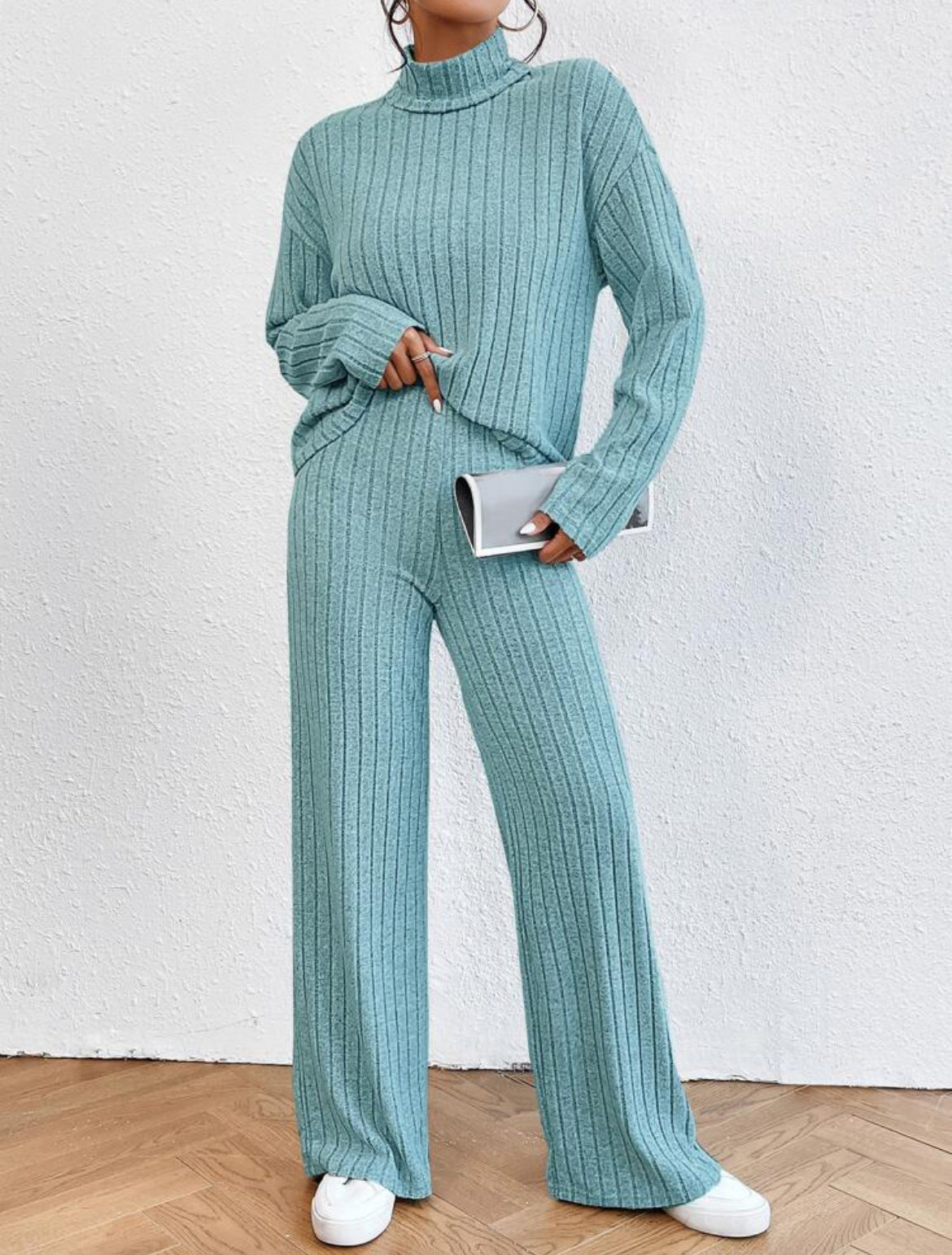 Autumn and Winter solid color turtleneck long sleeve sunken stripe loose wide leg pants home wear two-piece suit