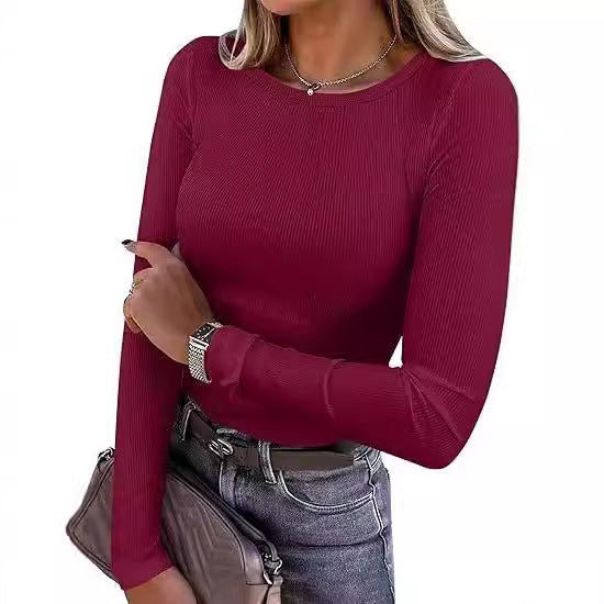 New women's long-sleeved round neck ribbed stretch T-shirt Slim fit casual bottoming solid color top