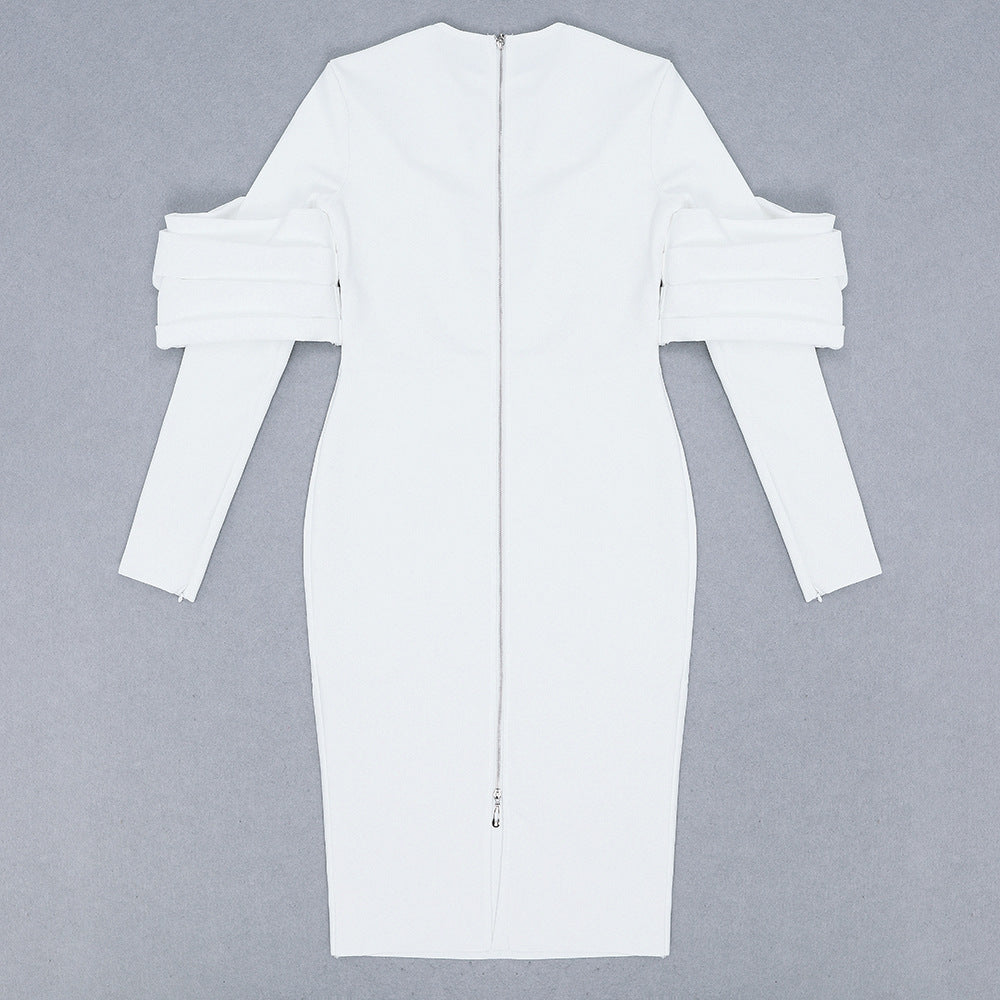Elegant Women White Long Sleeve Party Evening Midi Dress