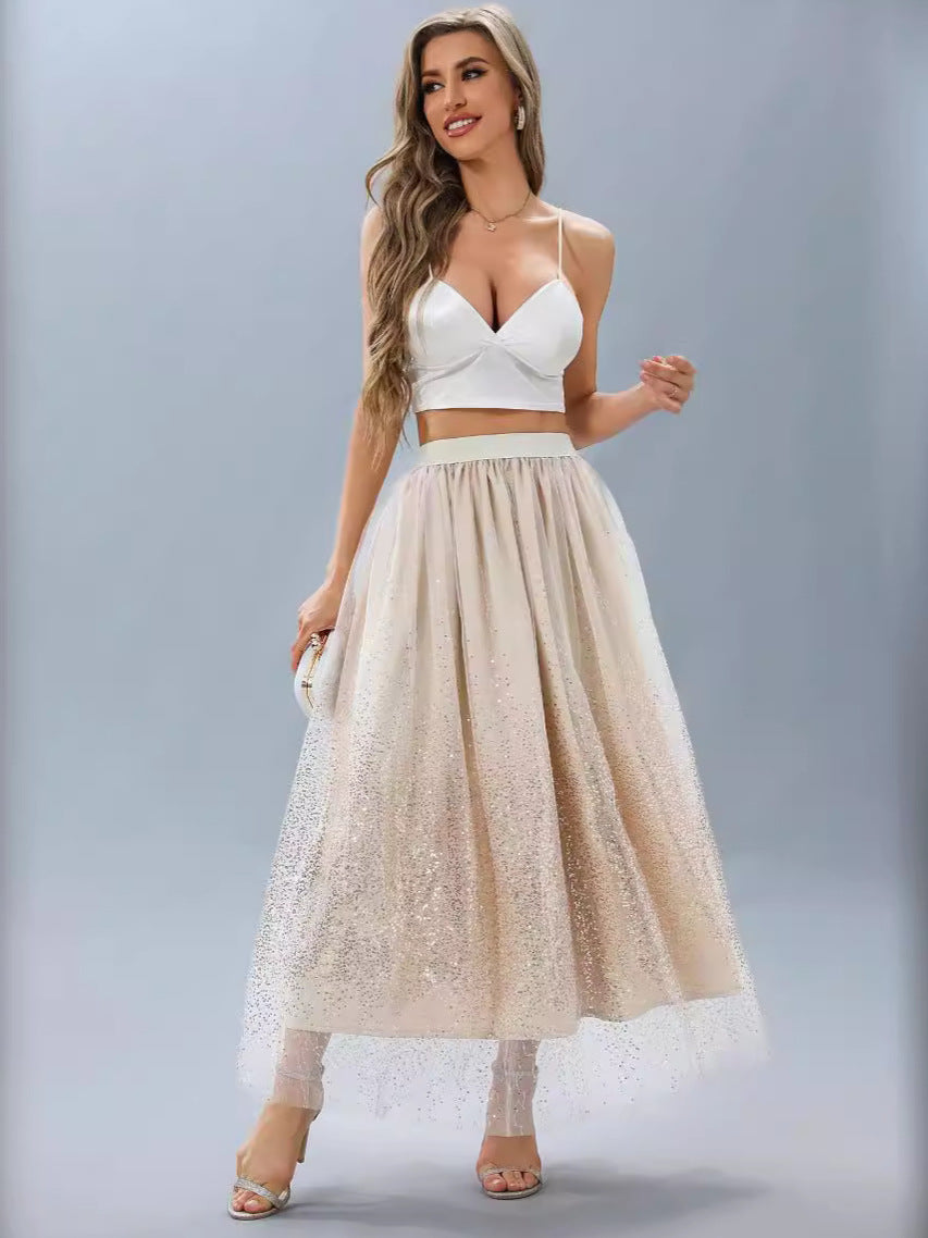 Women's skirt long high waist pleated gradient mesh sequin dress