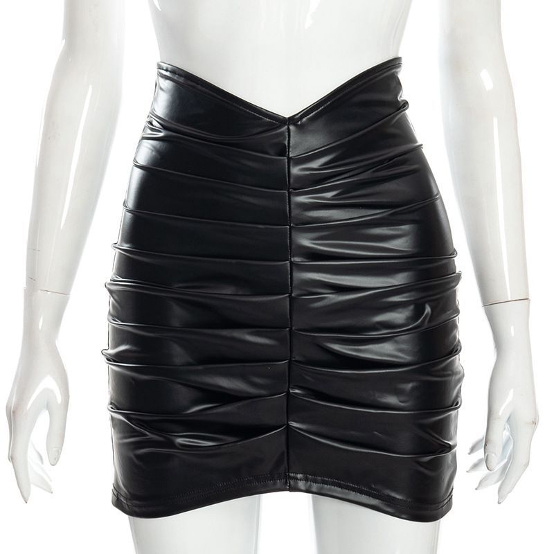 Sexy black color pleats PU sheath skirt women's skirts