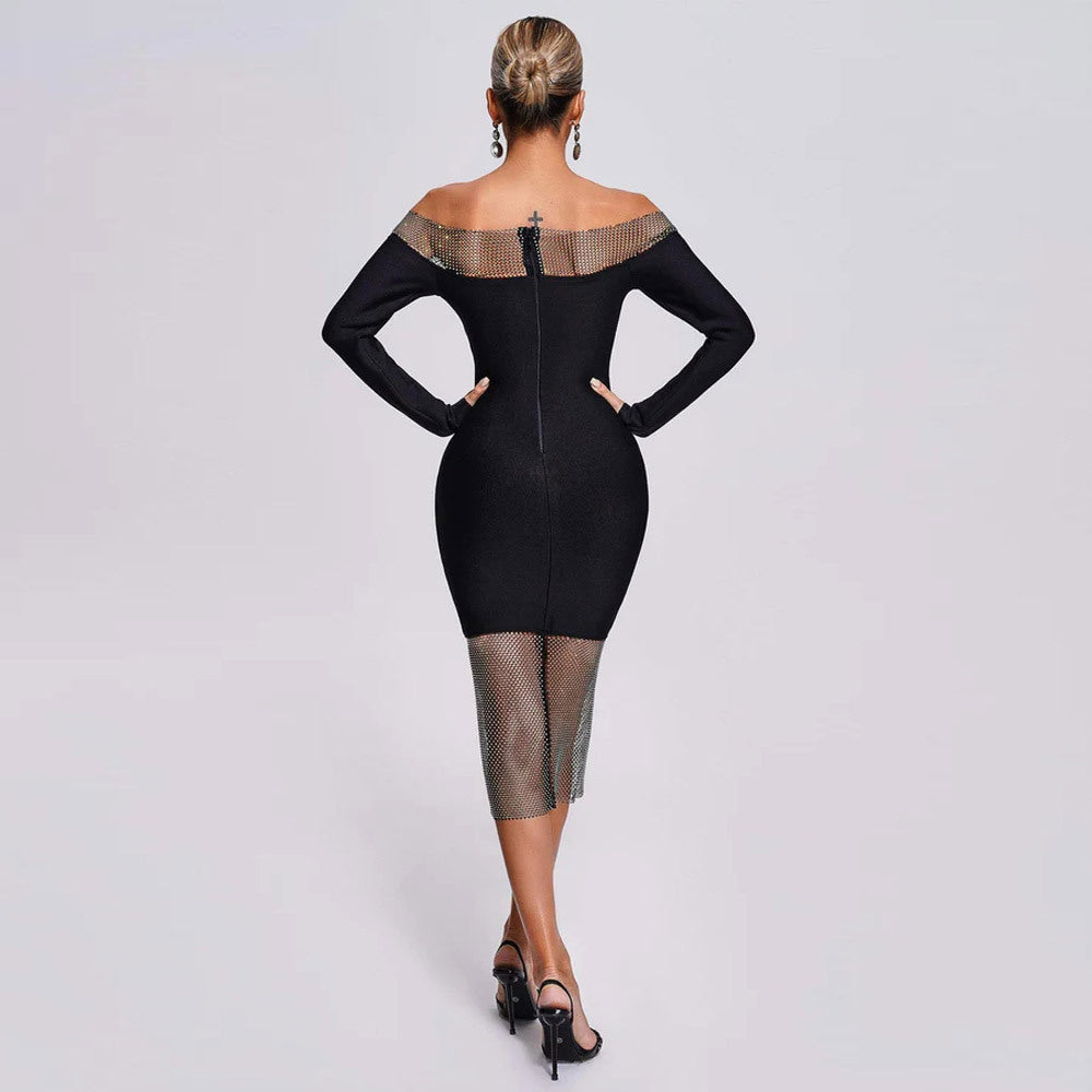 Sexy Off-The-Shoulder Long Sleeve Mesh Diamond Dress Slim Bandage Party