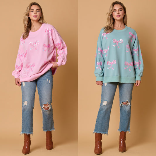 Bow sequined top casual loose long-sleeved sweater women