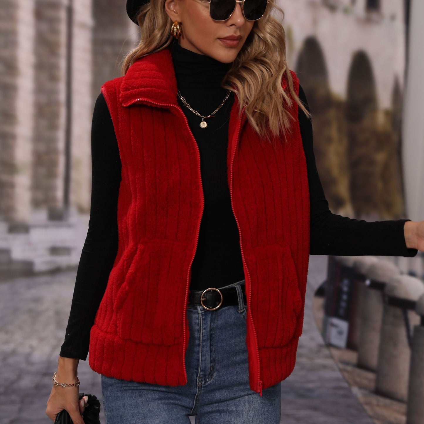 Women's autumn clothing lapel sleeveless loose striped zipper plush casual vest coat