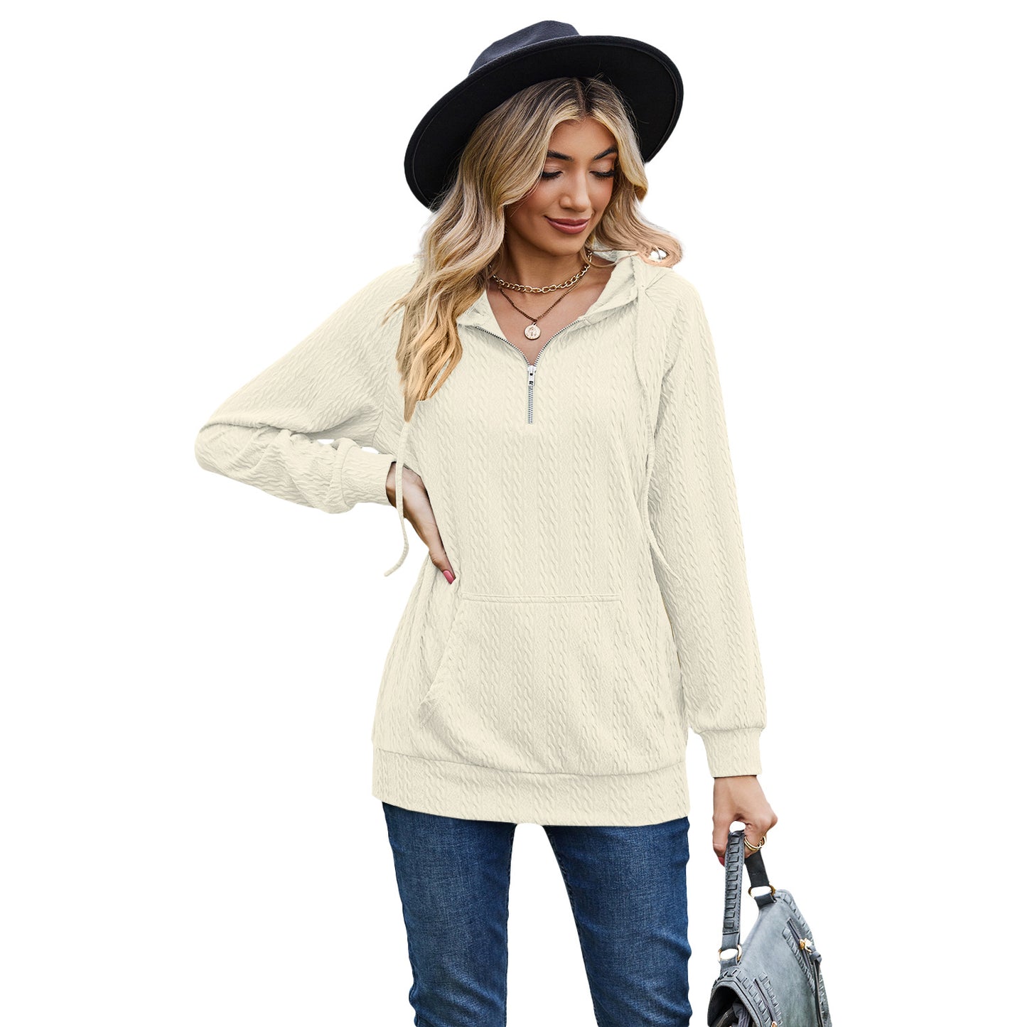 Autumn and Winter solid color hooded zipper loose long sleeve sweatershirt women