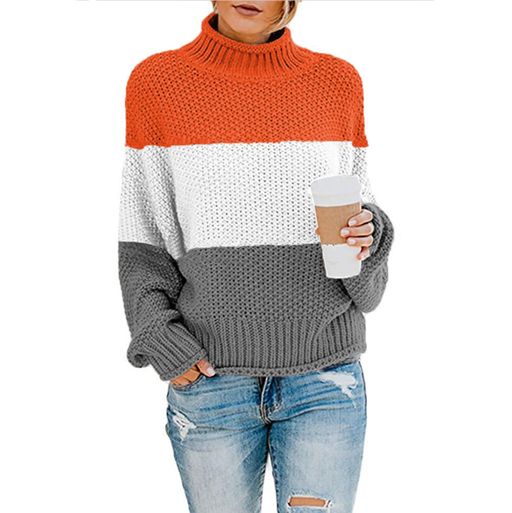 New Thick Color Block Turtleneck Sweater