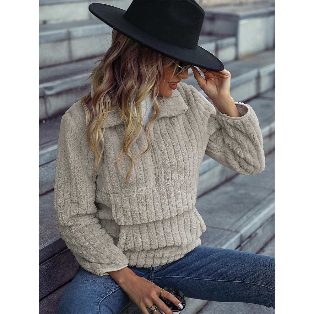 Autumn winter women's wear lapel long sleeve pullover half zipper sunken stripe double-sided velvet casual sweatshirt