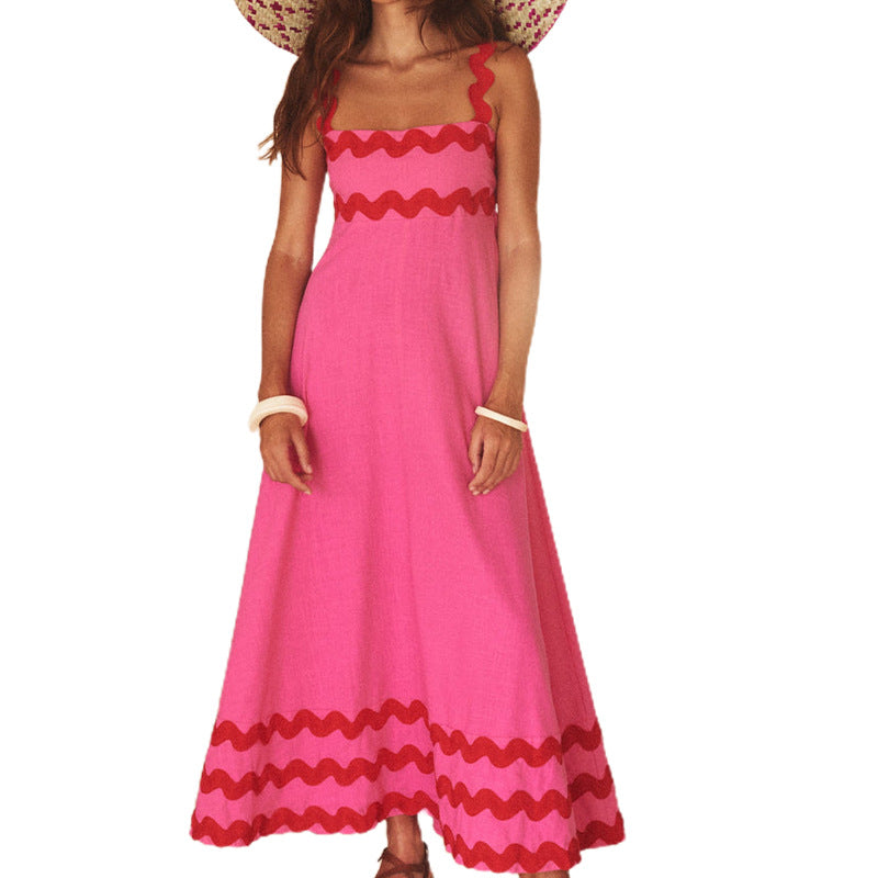 Printed retro bohemian long suspender dress