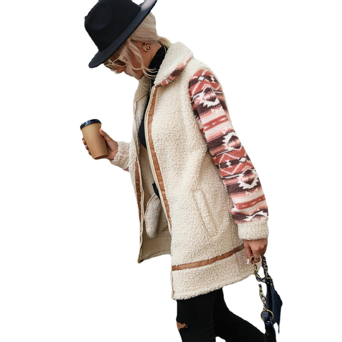 Women's cardigan particle color matching printing lapel long stitching zipper plush coat