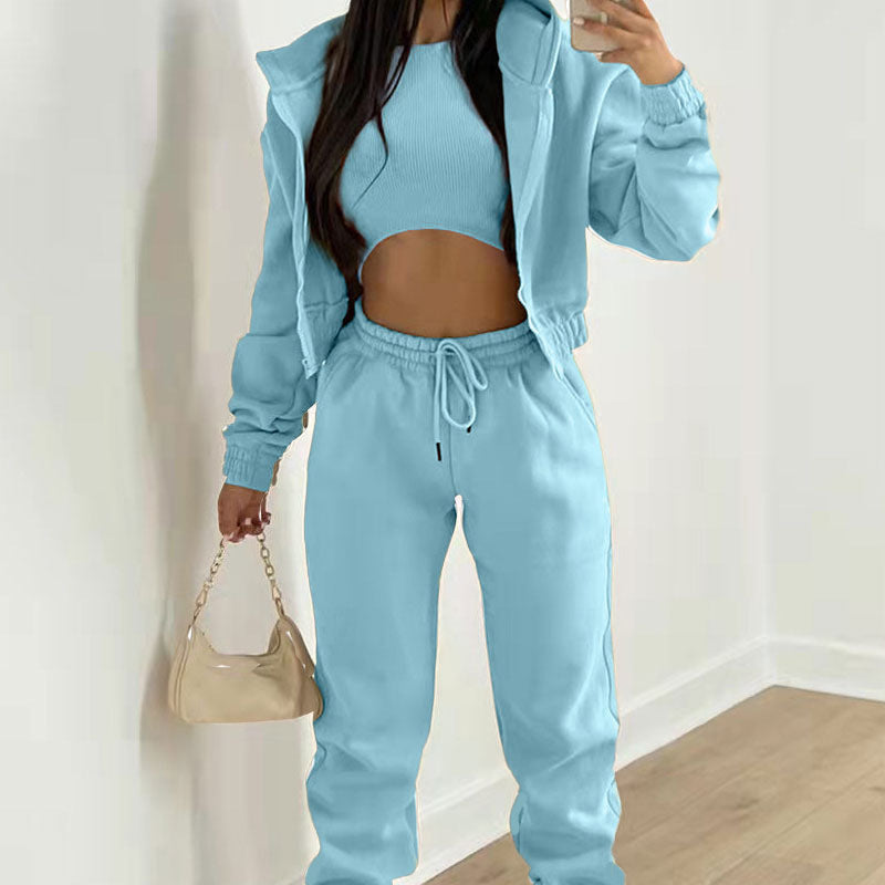 Spring new women's clothing solid color simple hooded sweater sports casual trousers three-piece set