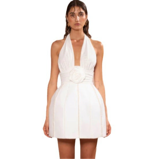 French White Flower Studded Pearl Deep V-Neck Dress