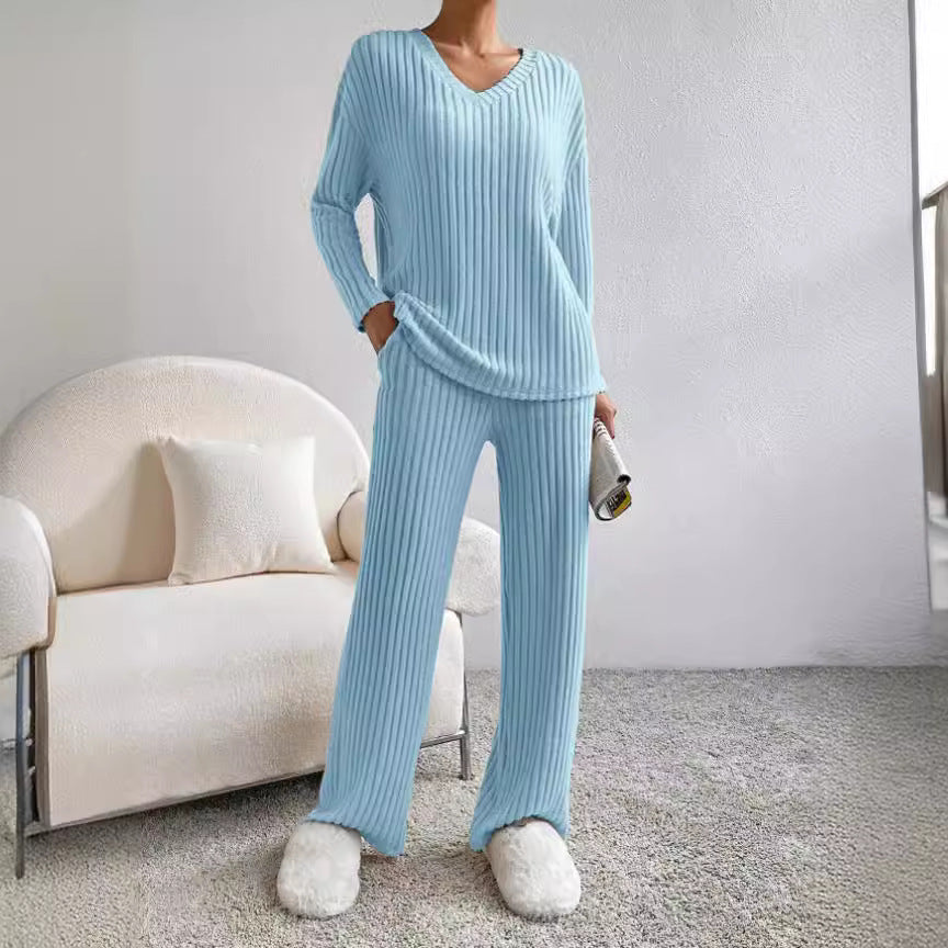Autumn new fashion casual straight-leg pants temperament loose V-neck pit strip knitted cover