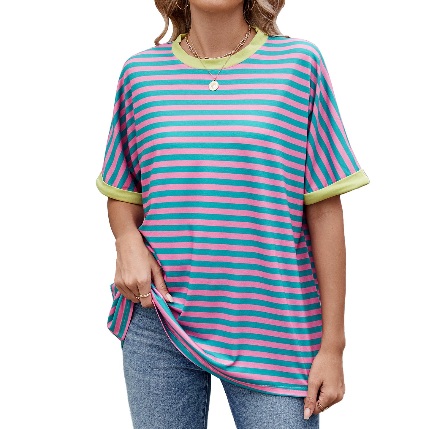 Spring and summer new striped contrasting color round neck loose short-sleeved T-shirt top women