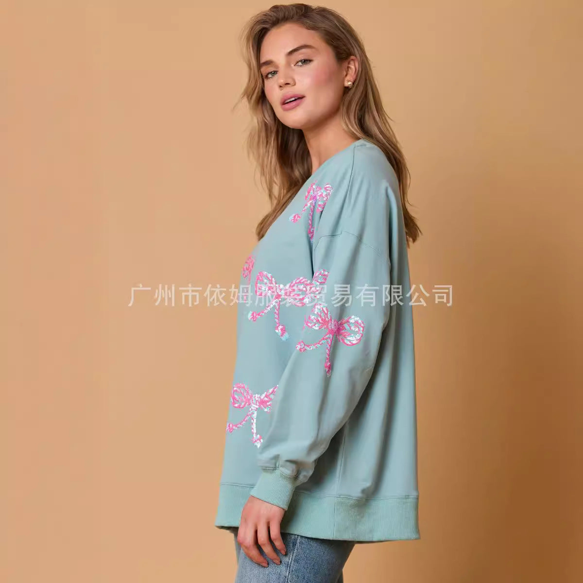 Bow sequined top casual loose long-sleeved sweater women