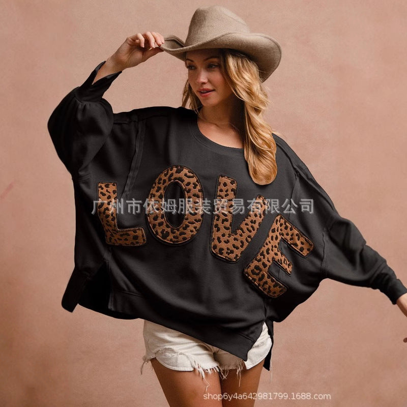 Spring new women's clothing letter embroidered splicing sweater loose casual top
