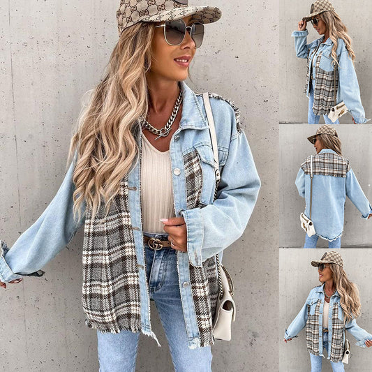 2024 New Denim stitching plaid coat loose top casual women's shirt