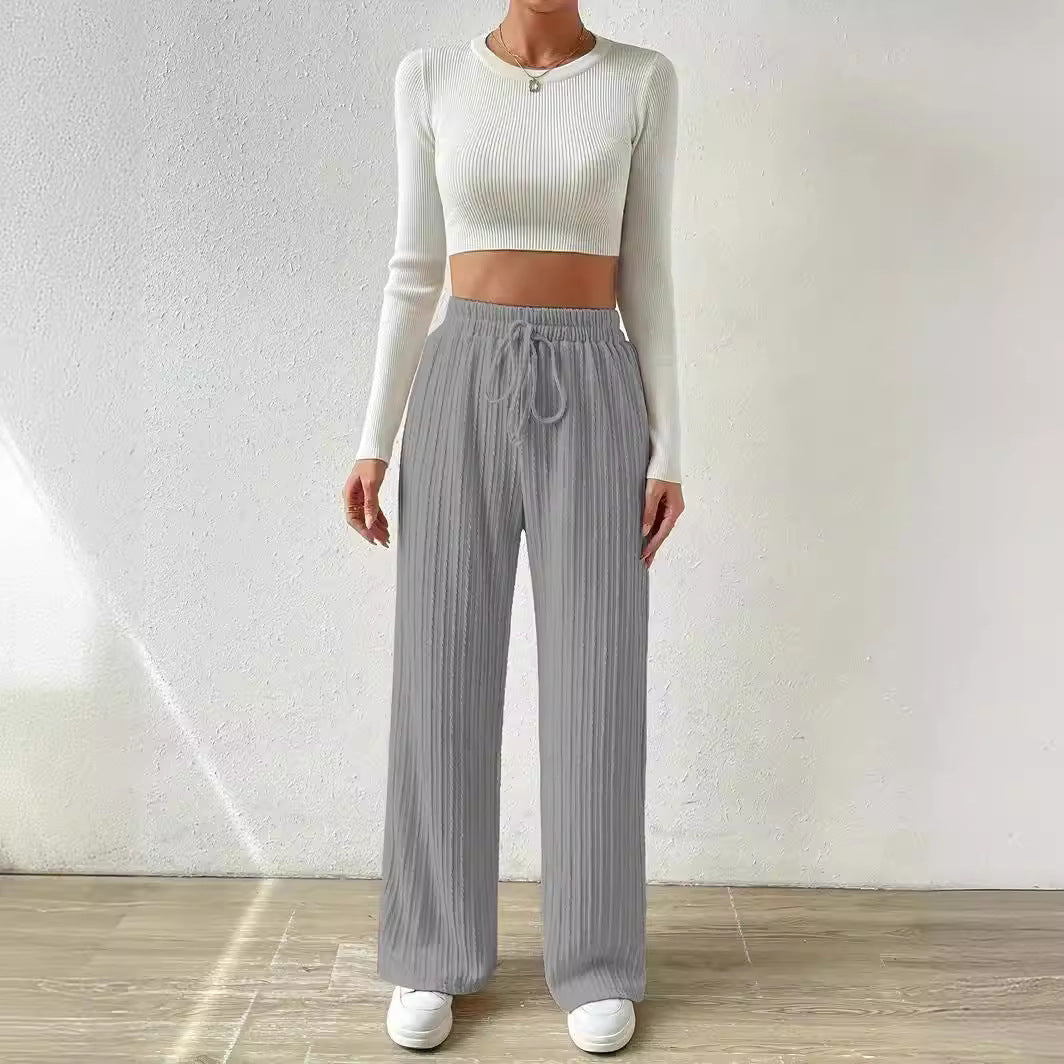 Knot Waist texture knitted wide leg trousers elastic high waist pure color casual baggy straight trousers Women's