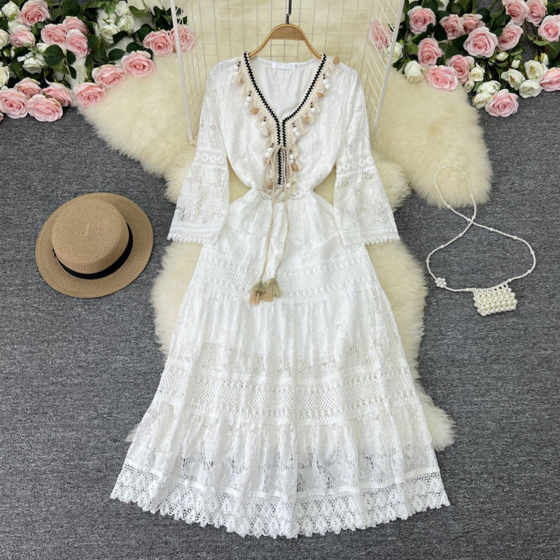 Tassel Lace Splicing Dress Casual Bohemian Vintage Long Dress