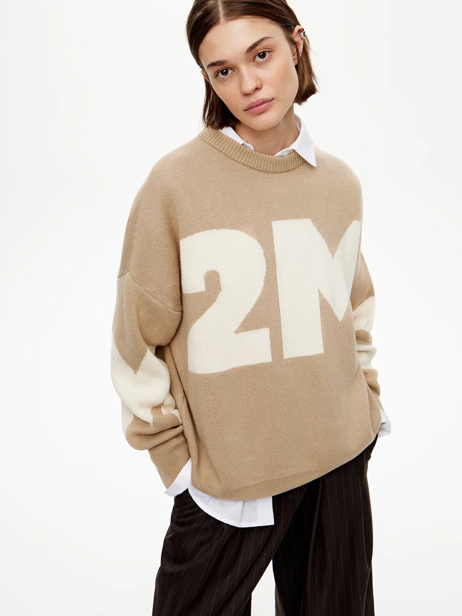 Letter sweater autumn and winter knitting contrast color round neck loose lady's pullover tops