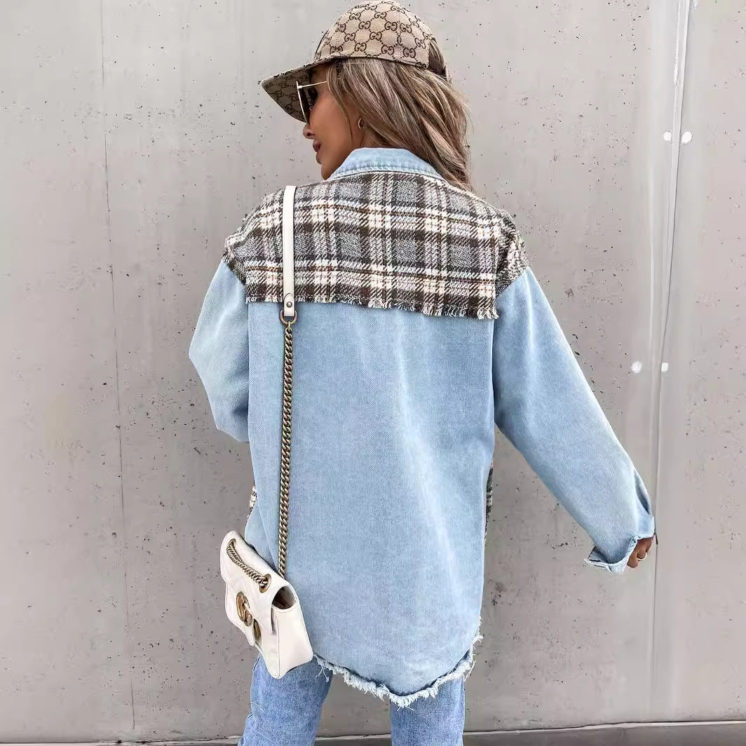 2024 New Denim stitching plaid coat loose top casual women's shirt