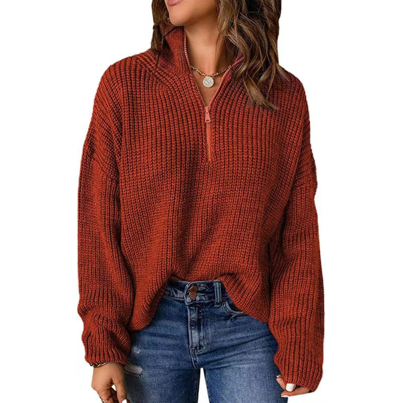 Autumn and winter sweater half-open collar solid color zipper pullover fashion women's knitted blouse