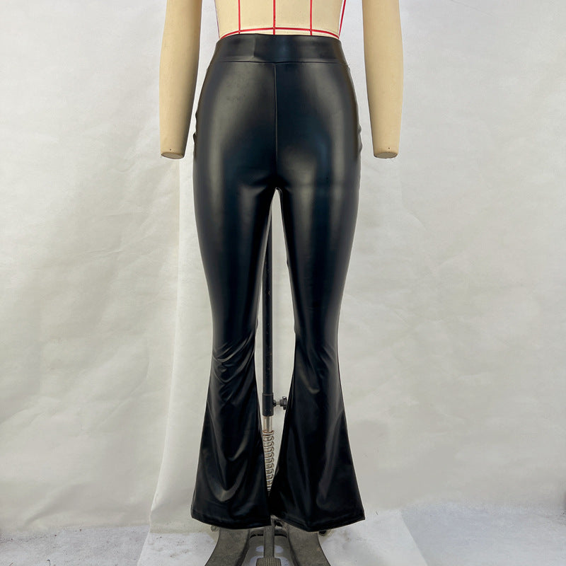 2024 Winter new high waist light sense PU leather pants trousers black glossy flared pants women's pants