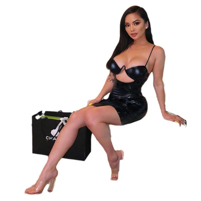 Summer new sexy ladies hip wrap PU leather women's dress dress pure desire