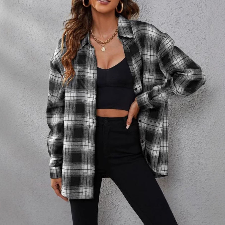 New foreign trade European and American women's shirt lapel single-breasted long-sleeved plaid shirt