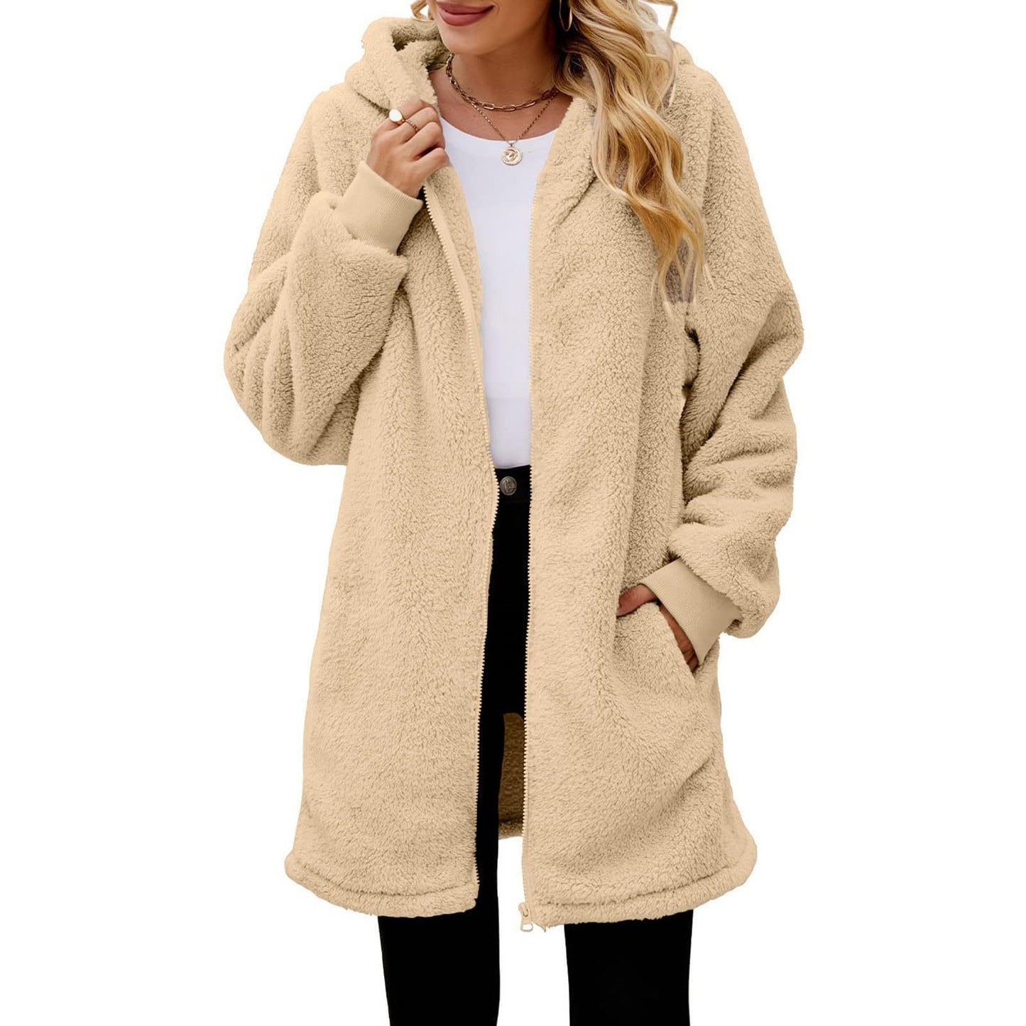 Winter loose plush women's long sleeve hooded zip cardigan coat