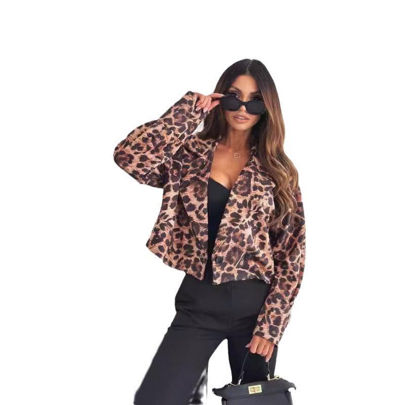 Autumn and Winter slimming versatile long sleeves short leopard print suit jacket for women