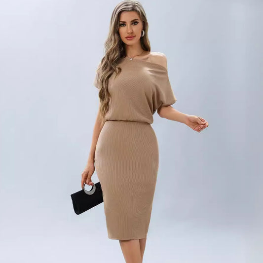 Women's dress solid color rib fabric off-neck waist bodycon dresses