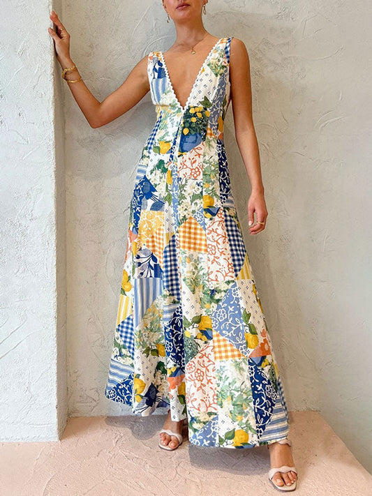 Lemon Print Lace Trim Long Dress