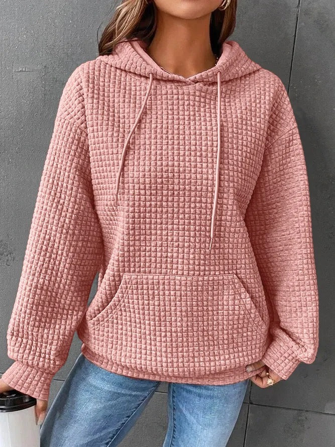 Autumn and winter women's hoodies waffle round neck long-sleeved sweater solid color top for women