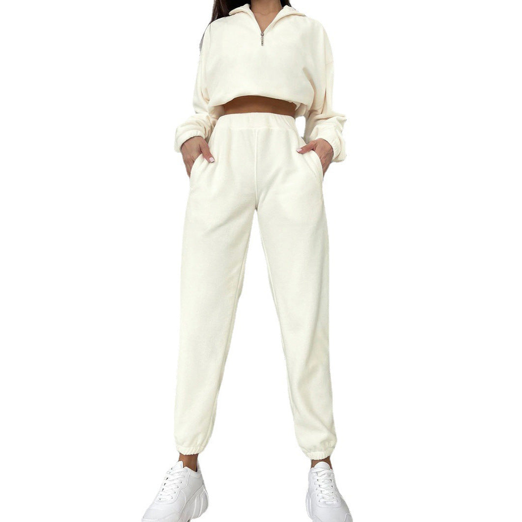 Women's new half-zipper lapel casual sweater solid color sports suit