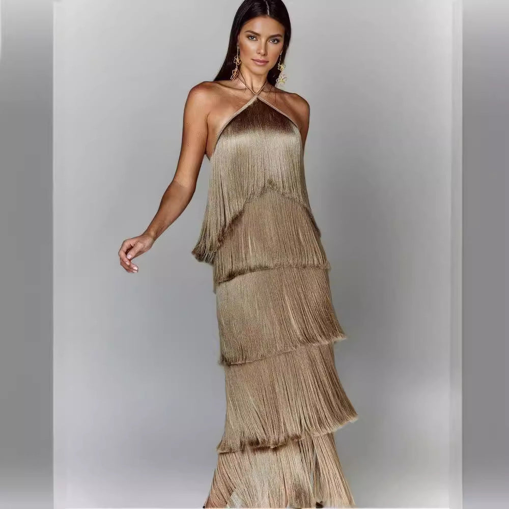 Fashion neck fringed backless slit dress
