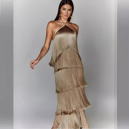 Fashion neck fringed backless slit dress