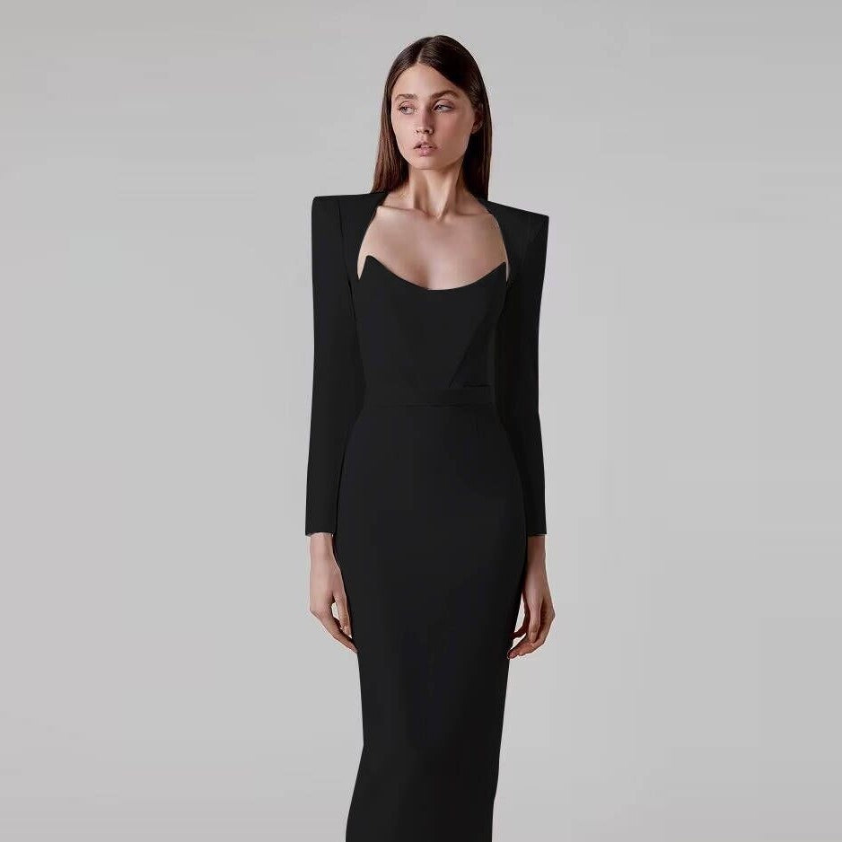 Spring temperament square neck horn shoulder long sleeve bandage dress