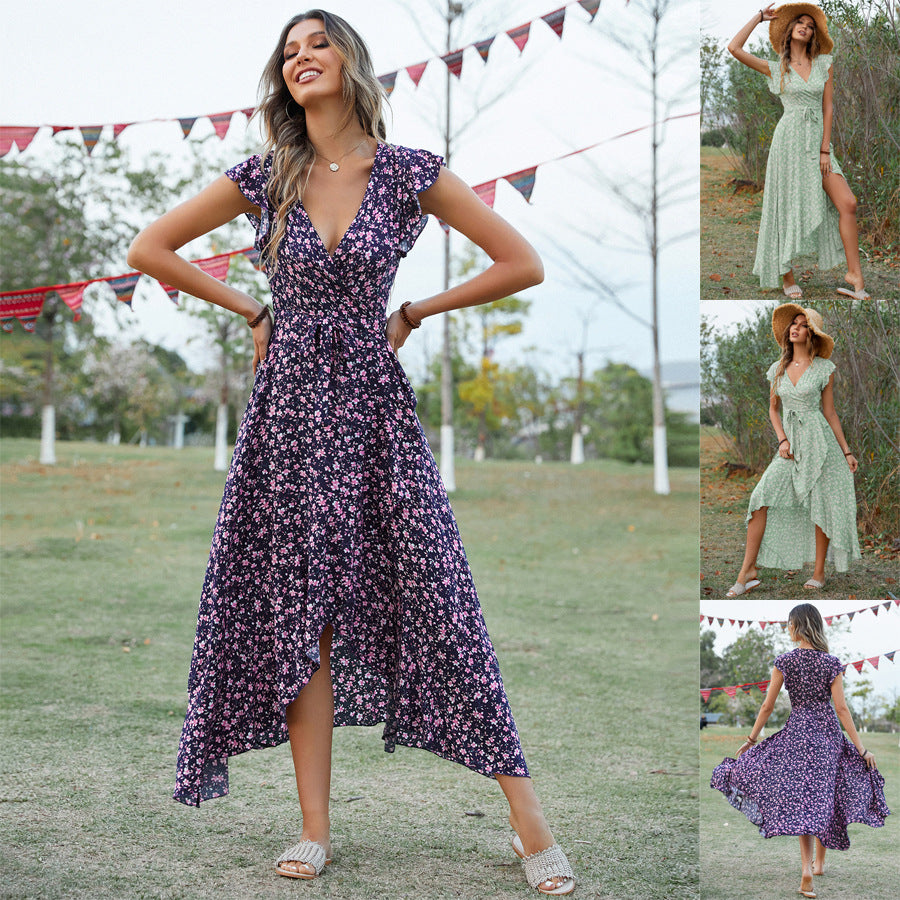 New V-neck bohemian vacation slim-fitting lace-up dress